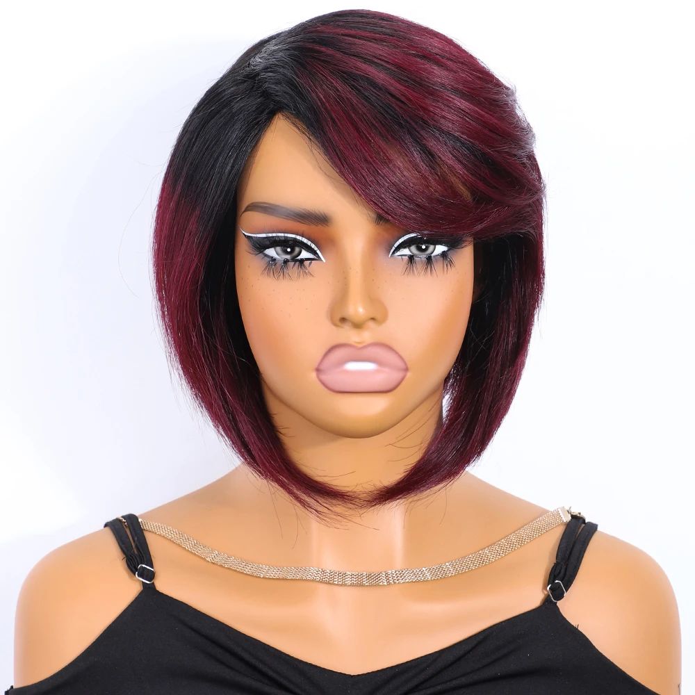 Burgundy Short Bob Wig With Bangs Wear to Go Bob Human Hair Wigs For Black Women Colored 99J Brown Brazilian Hair Wigs Allure image 2