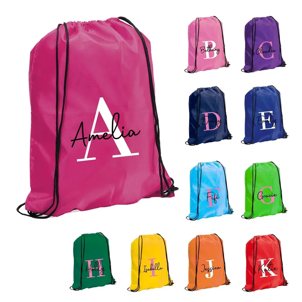 Personalised Initial & Name Back to School Drawstring Rucksack Bag. Kids Name on a PE Bag Swimming Bag Gym Bag Afterschool Club