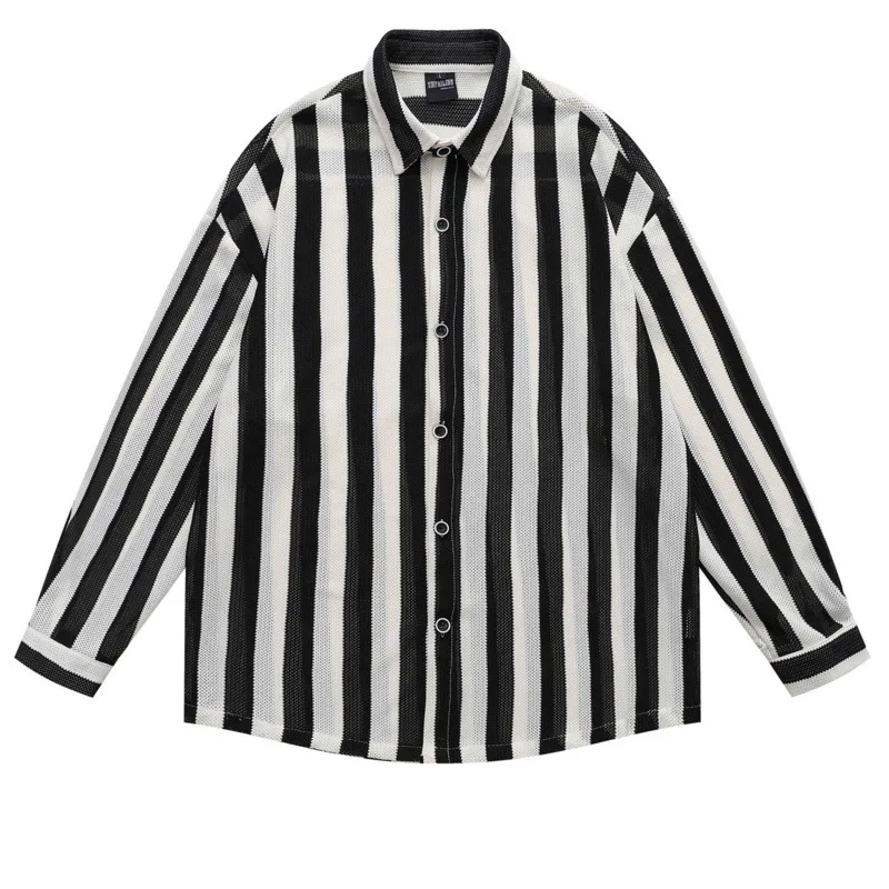 

2025 autumn new trend loose casual versatile simple shirt jacket American retro vertical stripe men's long sleeved shirt