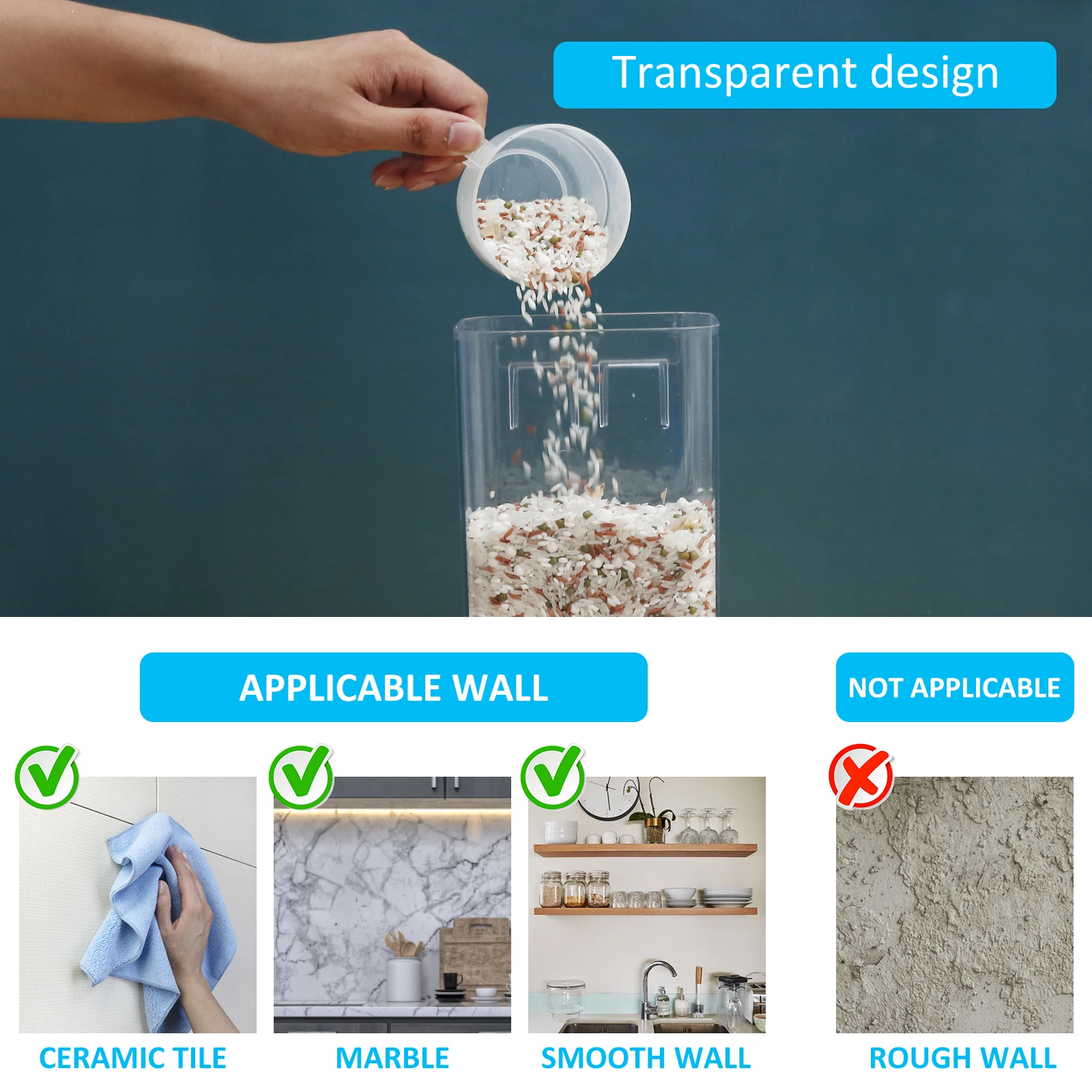 Transparent Rice Dispenser Wall Mounted Rice Storage Containers Kitchen Grain Organizer Sealed Kitchen Storage Organizer Tools