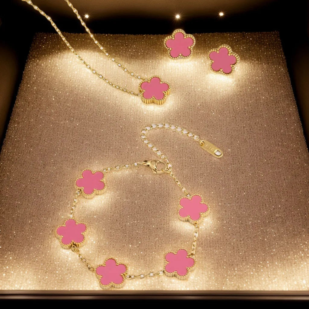 

18k Gold Plated Stainless Steel Lucky Five Leaf Flower Clover Necklace Bracelet Earrings For Women Adjustable Jewelry Set Gift