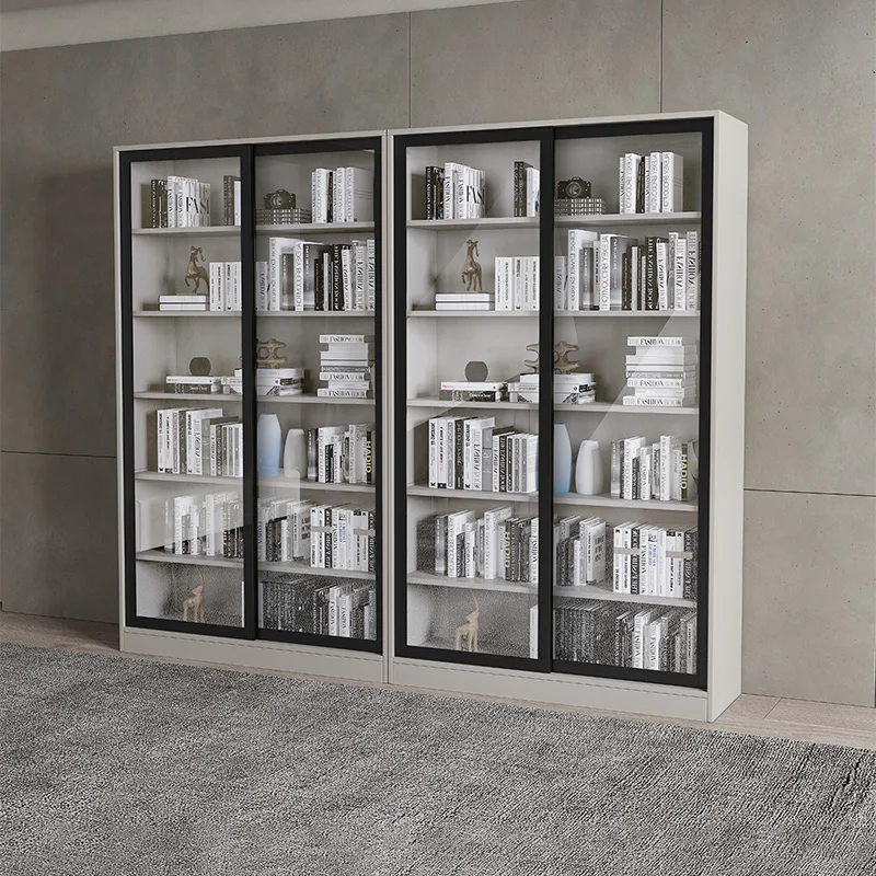 

Italian minimalist light luxury solid wood sliding door bookcase floor bookshelf locker with door glass cabinet display rack