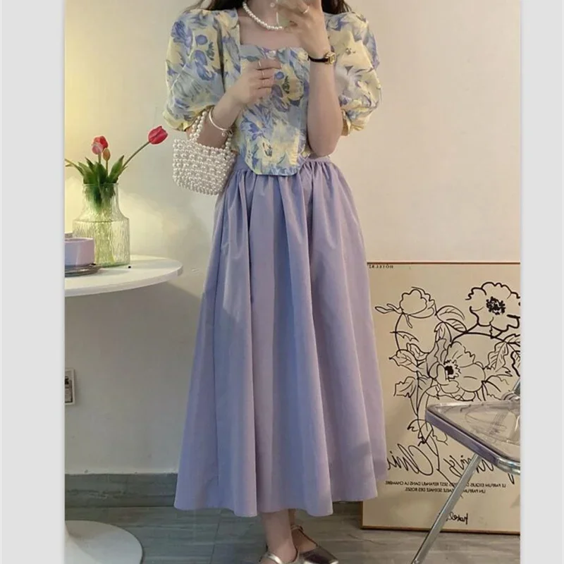 Fashion Skirts Set Women's 2023 Summer Bubble Sleeve Square Neck Floral Top+High Waist Purple Maxi A-line Skirt Two Piece Set