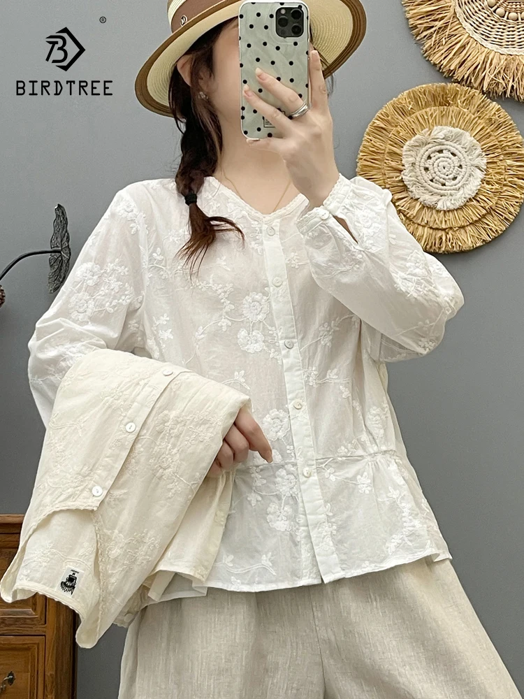 

New 2025 Autumn Cotton Long Sleeve Shirt, Women V Neck Embroidery, Mori Girl Temperament versatile Casual Loose Blouse T58681CC