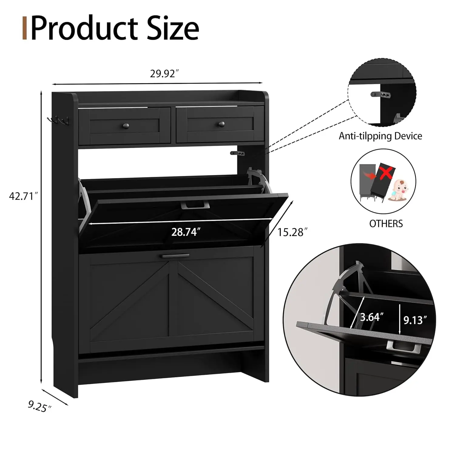 Shoe Cabinet with 2 Flip Drawers & 2 Top Drawers, 43" Tall Freestanding Narrow Wooden Shoe Storage Organizer for, Customized