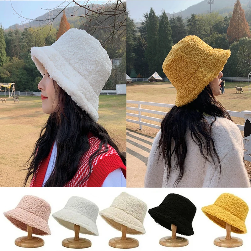 

Harajuku Style Hat Solid Fishing Fisherman Hat Autumn Winter Lamb Wool Outdoor Warm Panama Cap For Women