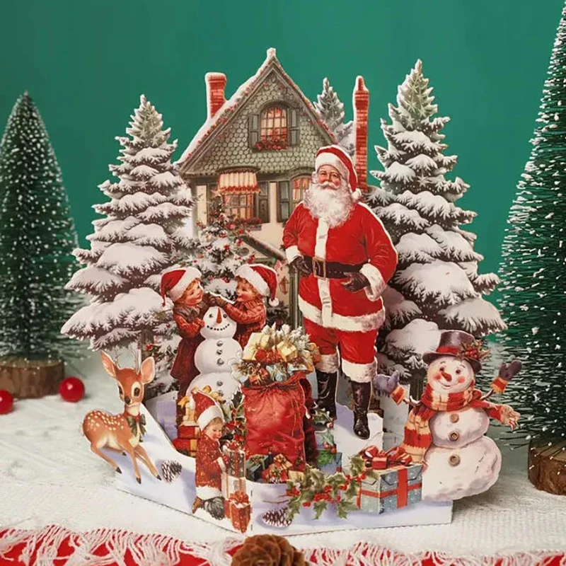

3D Christmas Card Night Before Christmas Scene With Santa, Reindeer, Snowy Village & Moonlit Sky Festive Holiday Greeting Card F