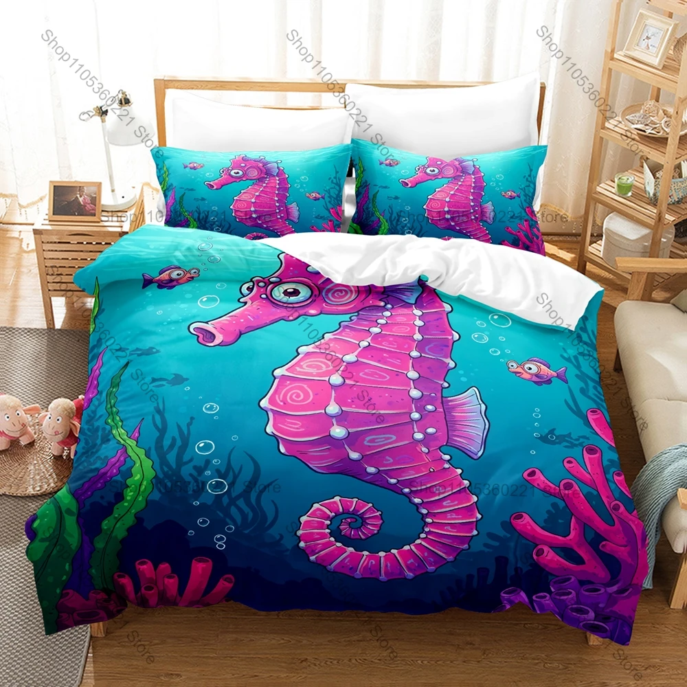 Kawaii Cartoon Seahorse Three Piece Bedding Set Luxury Comforter Set with Queen King Size Cool Two household goods camas de dorm