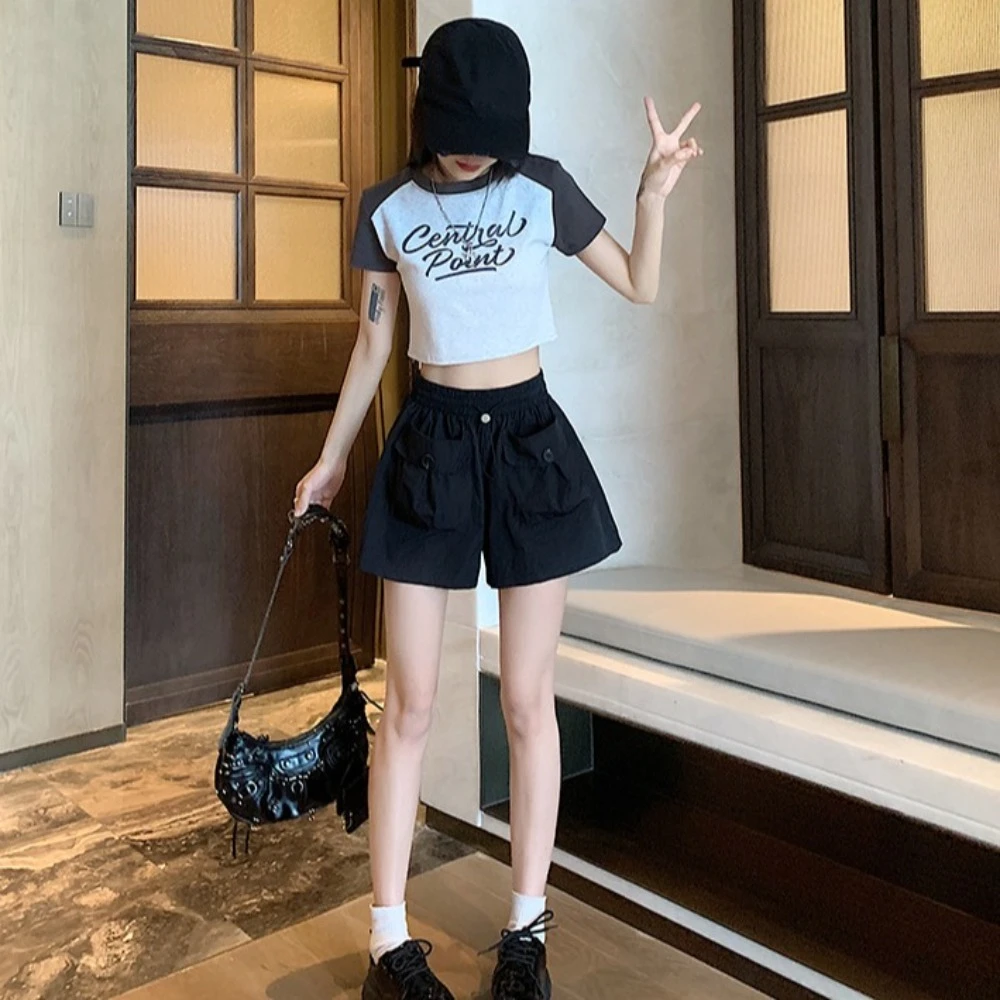 

Fashion Loose High Waist Shorts Drawstring Lace Up Wide Half Leg Pants Large Pocket Streetwear Causal Shorts Women Summer