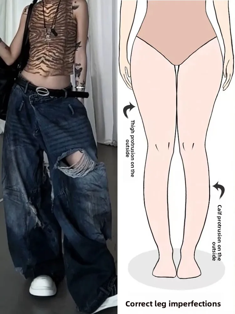 

American Style Vintage Washed Ripped Denim Jeans Women's Loose Slimming Long Pants High Waist Straight Leg Jeans for Pear Sha...