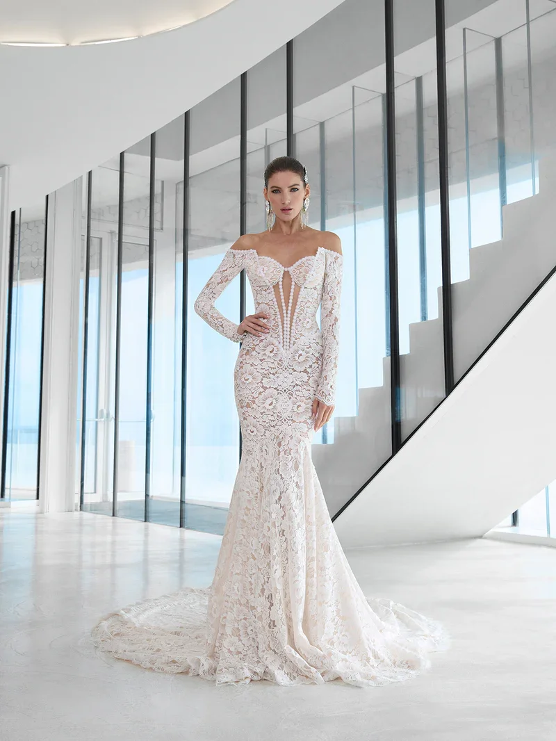 Mermaid Wedding Dress Lace Pearl Vestido De Noiva Minimalista Vestidos Boda Civil Elegantes Long Sleeve Alta Costura Vintage