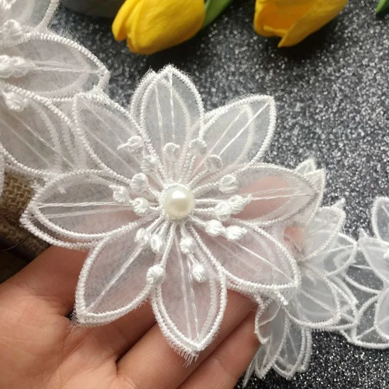 Fine Bianco Organza di Tulle Tessuto di Pizzo 3D Perline Fiori Del Ricamo Del Nastro Trim Bordo Per FAI DA TE Cucito Scollatura Indumento Vestito