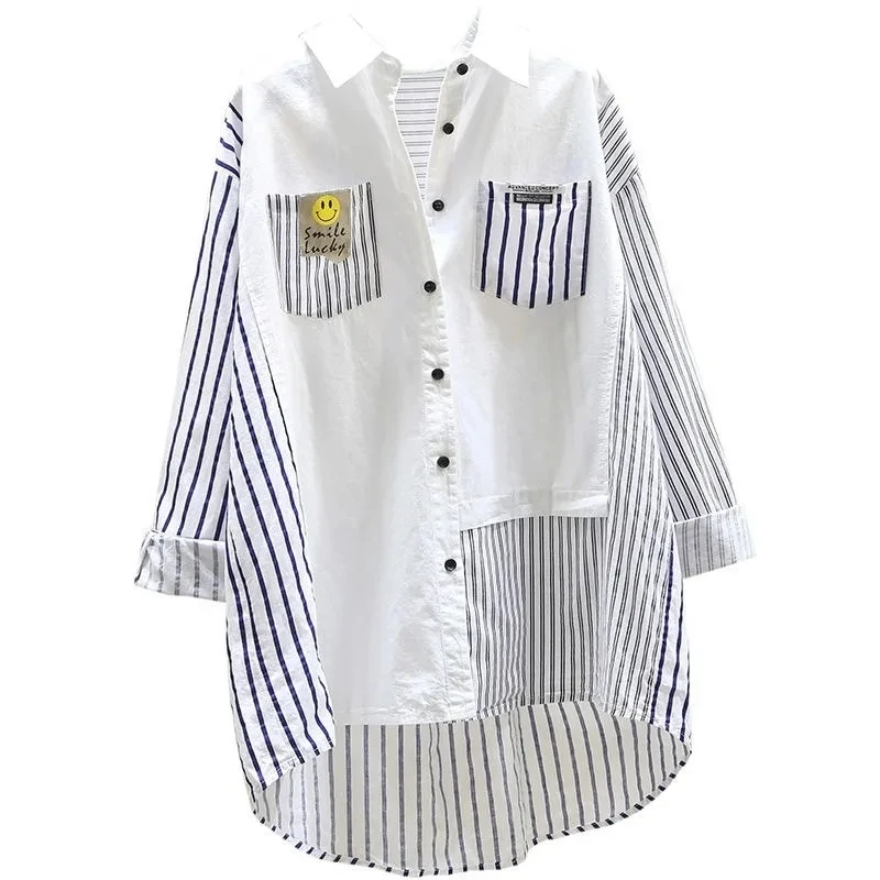 

Vertical Striped Stitching Shirt Female 2024 Wear Spring And Summer New Korean Loose Fashion Long Shirt Casual Coat Female Tide.