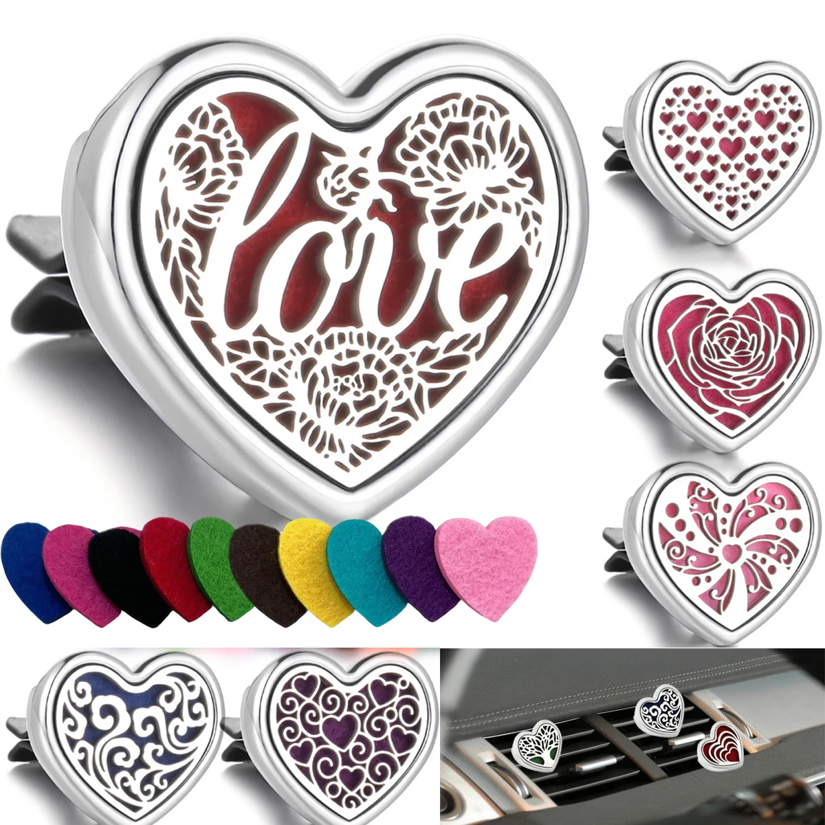1 Heart-Shaped Diffuser Clip for Car Air Conditioning Vents (Does Not Include Air Freshener), Comes with 10 PCS Pads