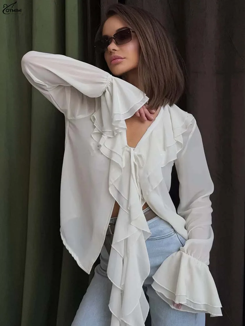 

Oymimi Casual White Loose Woman Blouses Summer V-Neck Long Sleeve Ruffled Blouses Fashion Solid Lace-Up Shirts Female Clothing