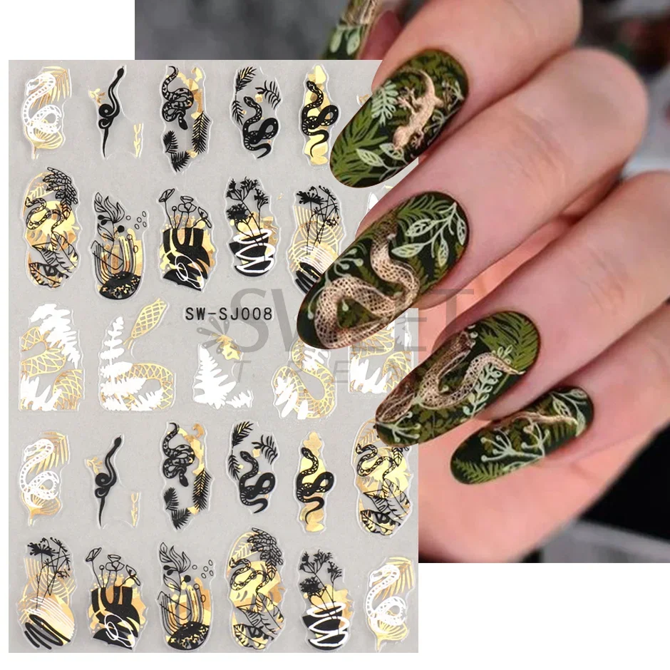 3D Snake Laser Stickers for Manicure Black Gold Abstract Leaves Luxury Nail Art Adhesive Slider Polish Decor Decals SASW-SJ