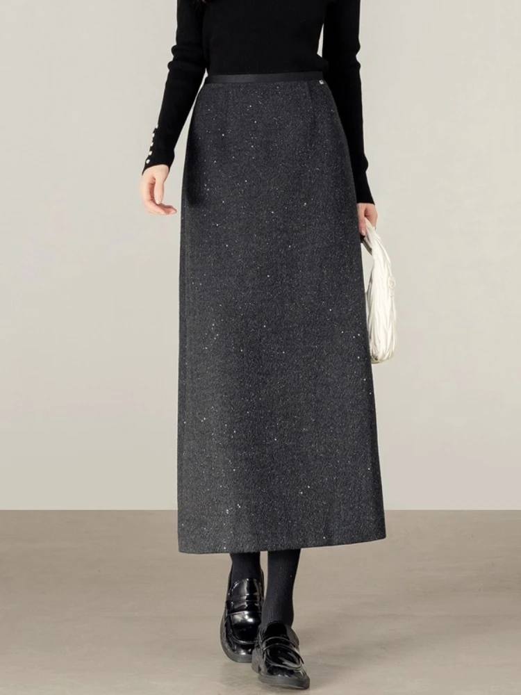 

SENTUBILA Women's Wool Blend Skirt 2025 Autumn Winter New Loose A-Line Soft Warm Flash Silver Casual Elegant Skirt 154QA2987