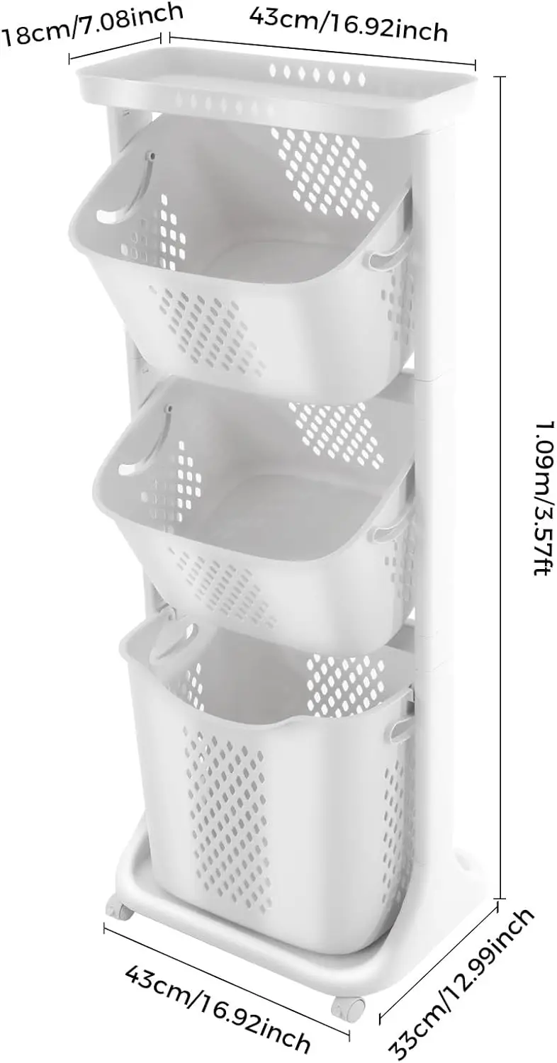 3-poziomowy kosz na pranie z kółkami i uchwytem, organizer do przechowywania ubrań, wózek na kółkach do łazienek i sypialni, obrót o 360 stopni °   Koło pasowe