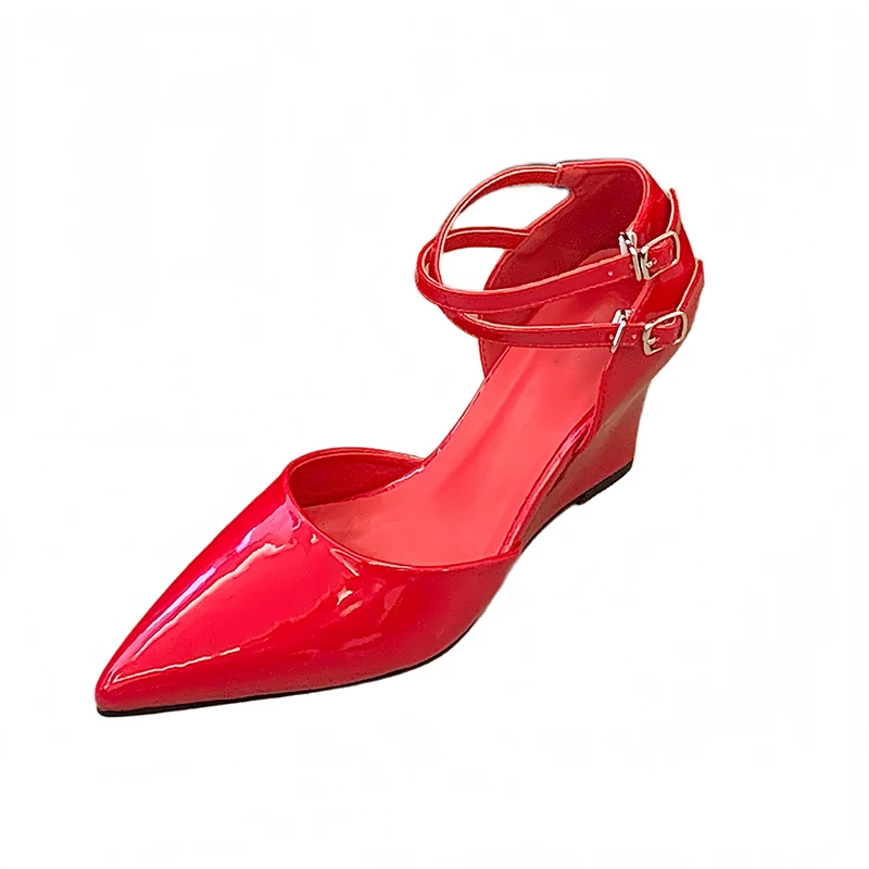 

Woman Wedges Pumps Black Patent Leather Platform Heels Red Shoes Summer Belt Cross Buckle Pointed Shoes 8cm High Heels