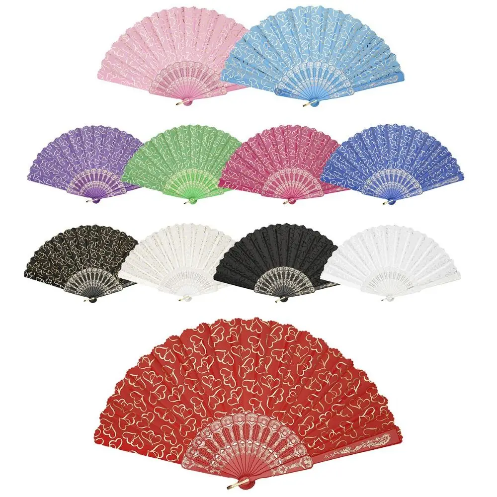 Portable PP Chinese Style Fan Hand Held Polyester Foldable Fan Gold Peach Heart Tassel Hand Held Fan Dance Props