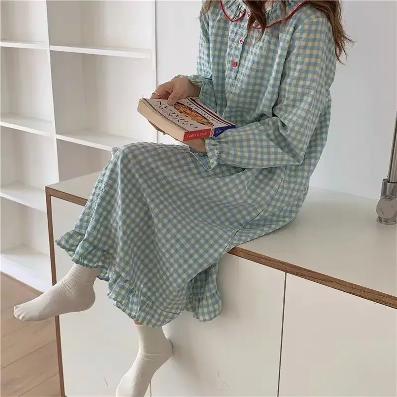 Plaid Sleepwear Women Nightgown Ruffles Korean Style Nightwear Autumn Peter Pan Collar Sleeping One Piece Pajamas Night Dress