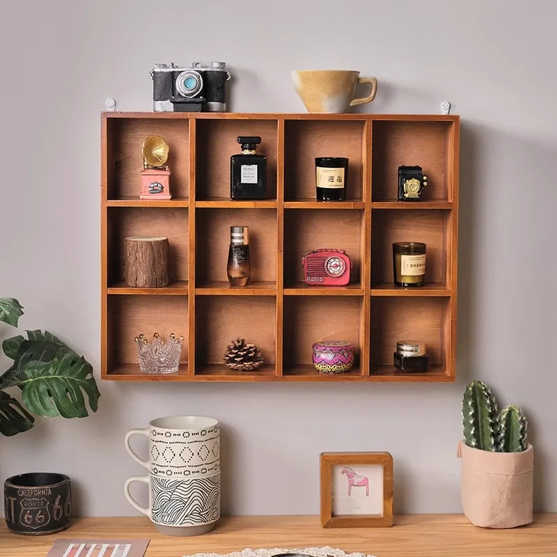 Vintage Solid Wood Desktop Shelf Zodiac Wall-Mounted Storage Box,Blind Box Display Cabinet for Collectible Tea Set Mug organizer