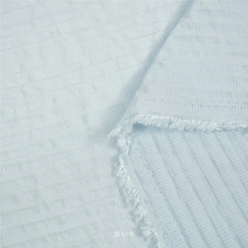 Light blue vertical striped slightly pleated linen fabric shirt clothing a Hanfu designer
