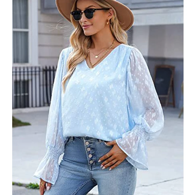 

Модная кружевная блузка для женщин, свободная белая шифоновая рубашка с V-образным вырезом, расклешенная элегантная рубашка с длинным рукавом и цветочным принтом, повседневные топы, женские блузы 24382