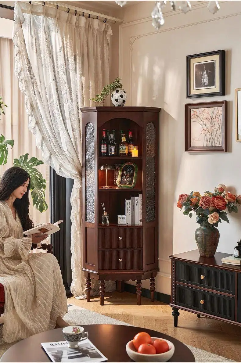 HYS French retro corner cabinet Middle antique solid wood corner rack side cabinet Living room triangle cabinet corner display