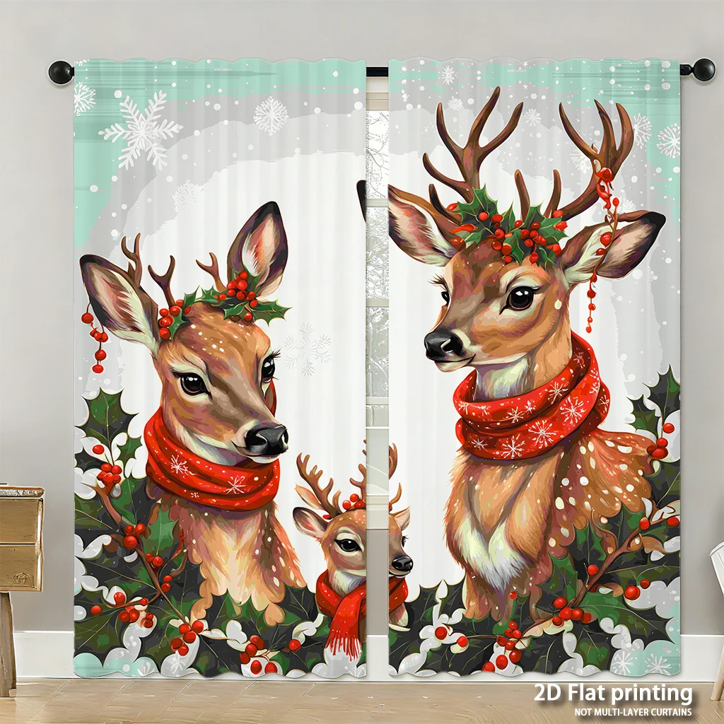 

2-piece set of high-definition digital printed curtainschristmas festive deers red scarves holly leaves winter sceneHome decorat