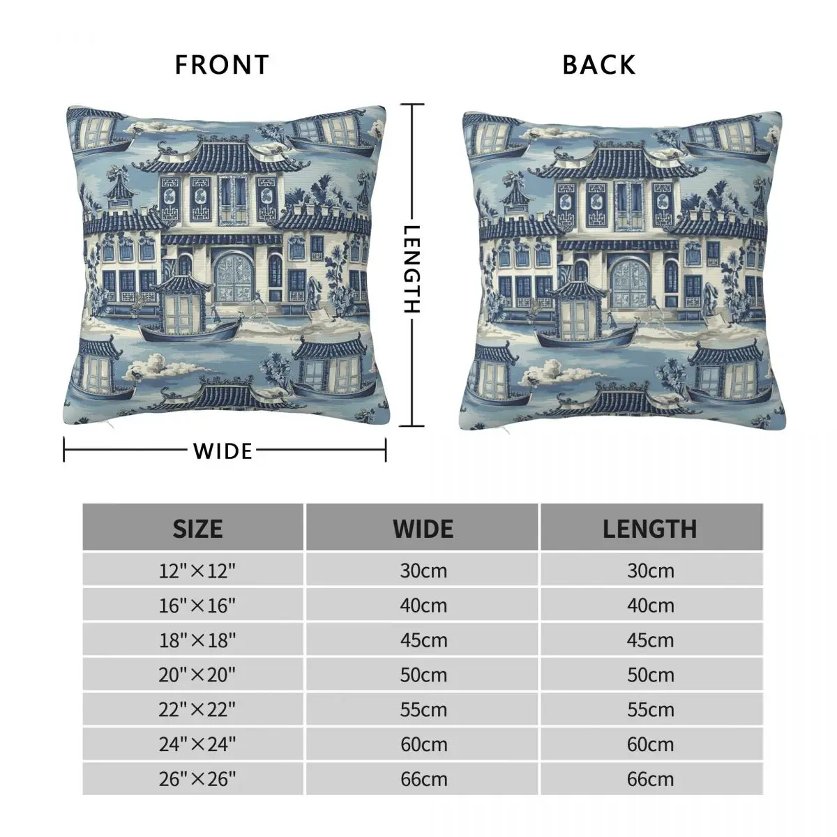 Blue Chinoiserie Rococo Pagoda Square Pillowcase Polyester Linen Velvet Printed Zip Decor Bed Cushion Cover 45x45
