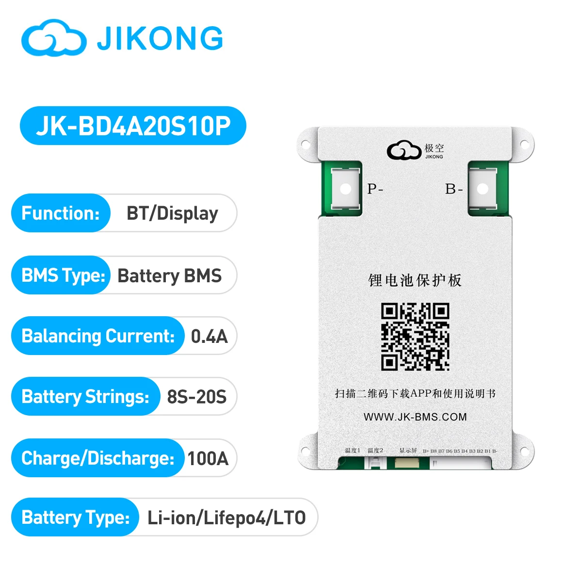 

JIKONG JK-BD4A20S10P Smart Active BMS 8S-20S Li-ion Lifepo4 LTO Batteries Balancer System 0.4A Balance Current 100A BMS
