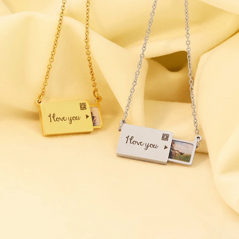 

Personalized Photo Locket Necklace, Custom Engraved Text with Slide - out Picture Frame Memory Jewelry Ideal Gift for Loved Ones