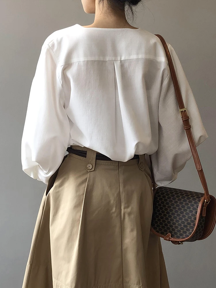 Minimalism Elegant White Shirt Single-Breasted Button Down Blouse Lantern Sleeve Luxury 3/4 Sleeve Office Ladies Quality Blouses