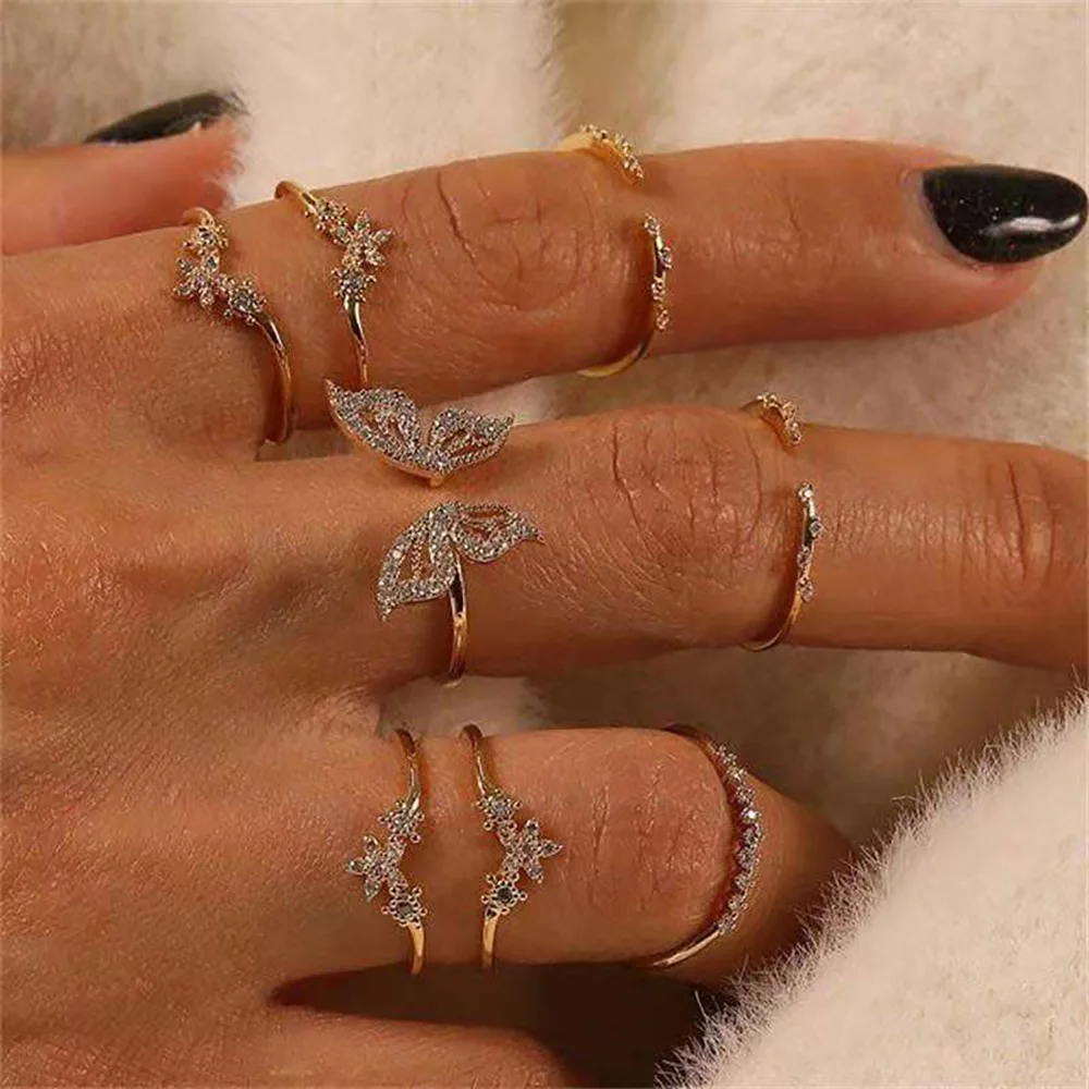 Amazon foreign trade new, European and American bohemian style ring with diamond butterfly joint 8-piece ring jewelry