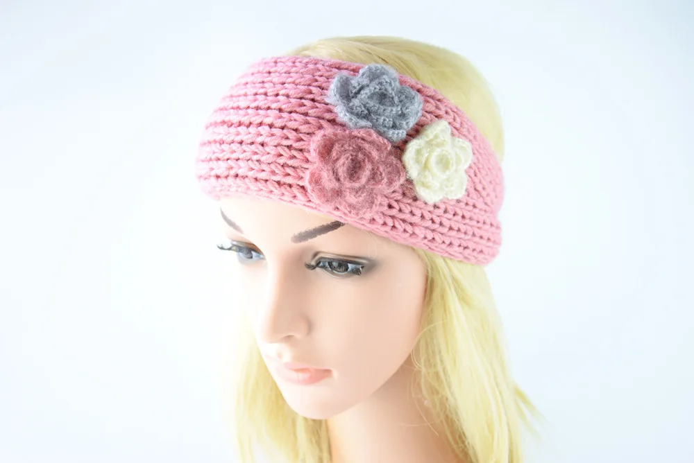 Elegant Sweet Three Flowers Wool Knitting Headband With Button Women Knit Hair Bands Wide Turban Hair Accessories Headdress