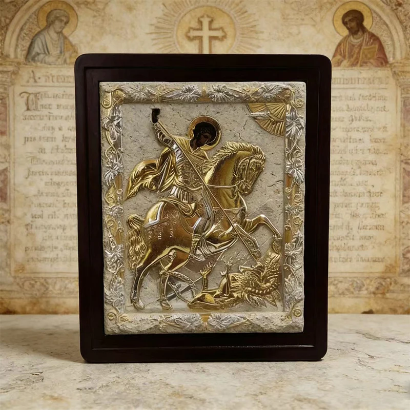 

New Gold Silver Plated Orthodox Church Saint George Icon with Wooden Frame for Liturgy Home Altar Prayer Devotion Christian Gift