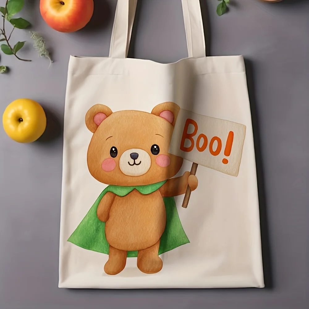 1pc Teddy Bear Shoulder Bag with Green Cape & Boo Sign - Double-Sided Suitable for Fashion, Cute Brown Bear Print, Cozy Fall Dai