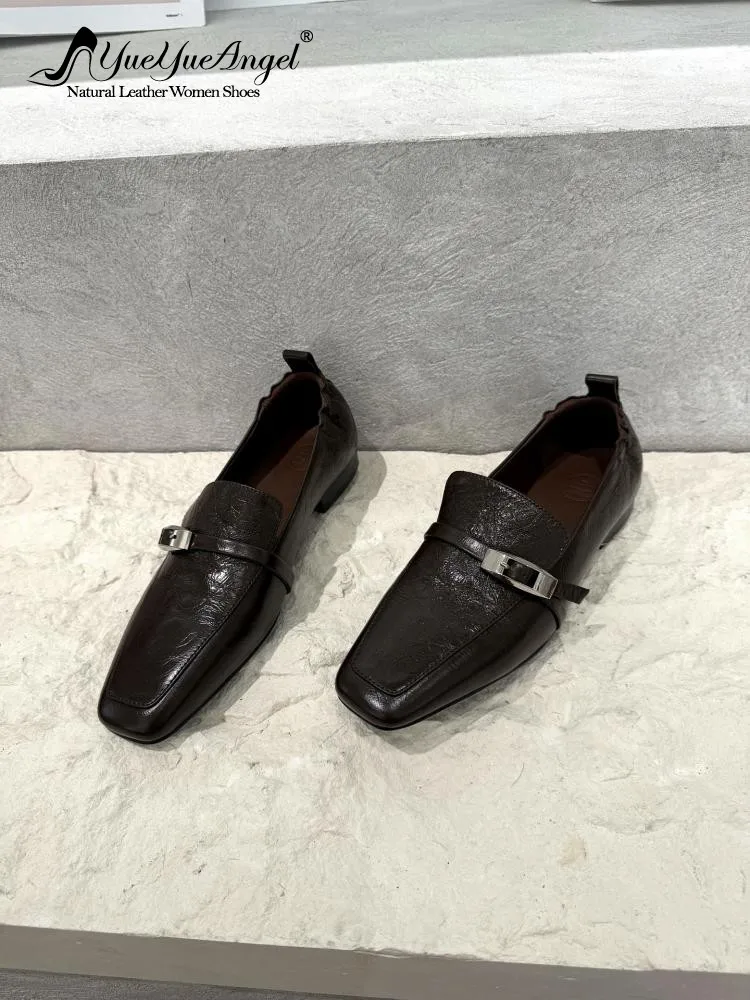 Retro Ladies Genuine Leather Chunky Heel Slip On Pumps Versatile Solid Color Sheepskin Square Toe Buckle Strap Loafers Footwear