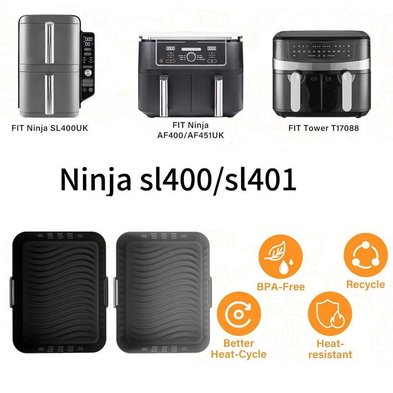 Revêtement rectangulaire en Silicone pour friteuse à Air Ninja SL400UK/SL401, panier de plateau de cuisson réutilisable, 2 pièces
