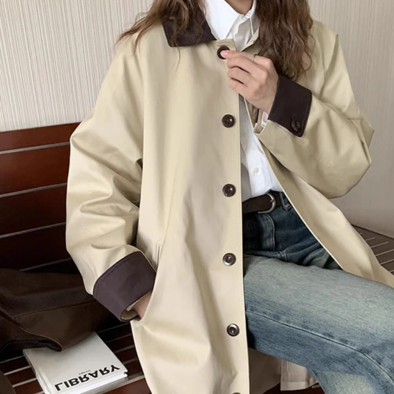 Trench coat di media lunghezza vintage stile college coreano per donna Capispalla beige allentato con risvolto monopetto chic alla moda