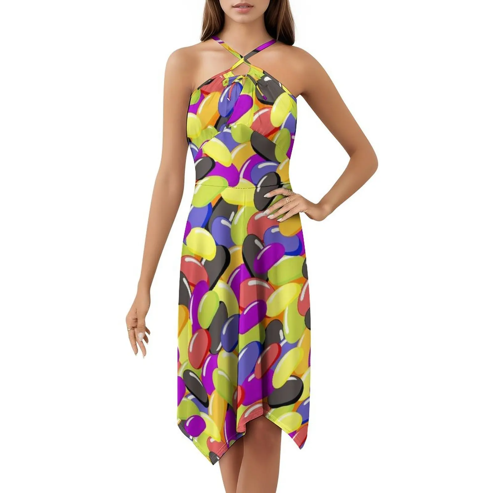 فستان جيلي بينز رينبو كاندي بوهيمي بدون أكمام للنساء مطبوع عليه فساتين حفلات الشاطئ كاندي رينبو جيلي بينز لطيف حلو