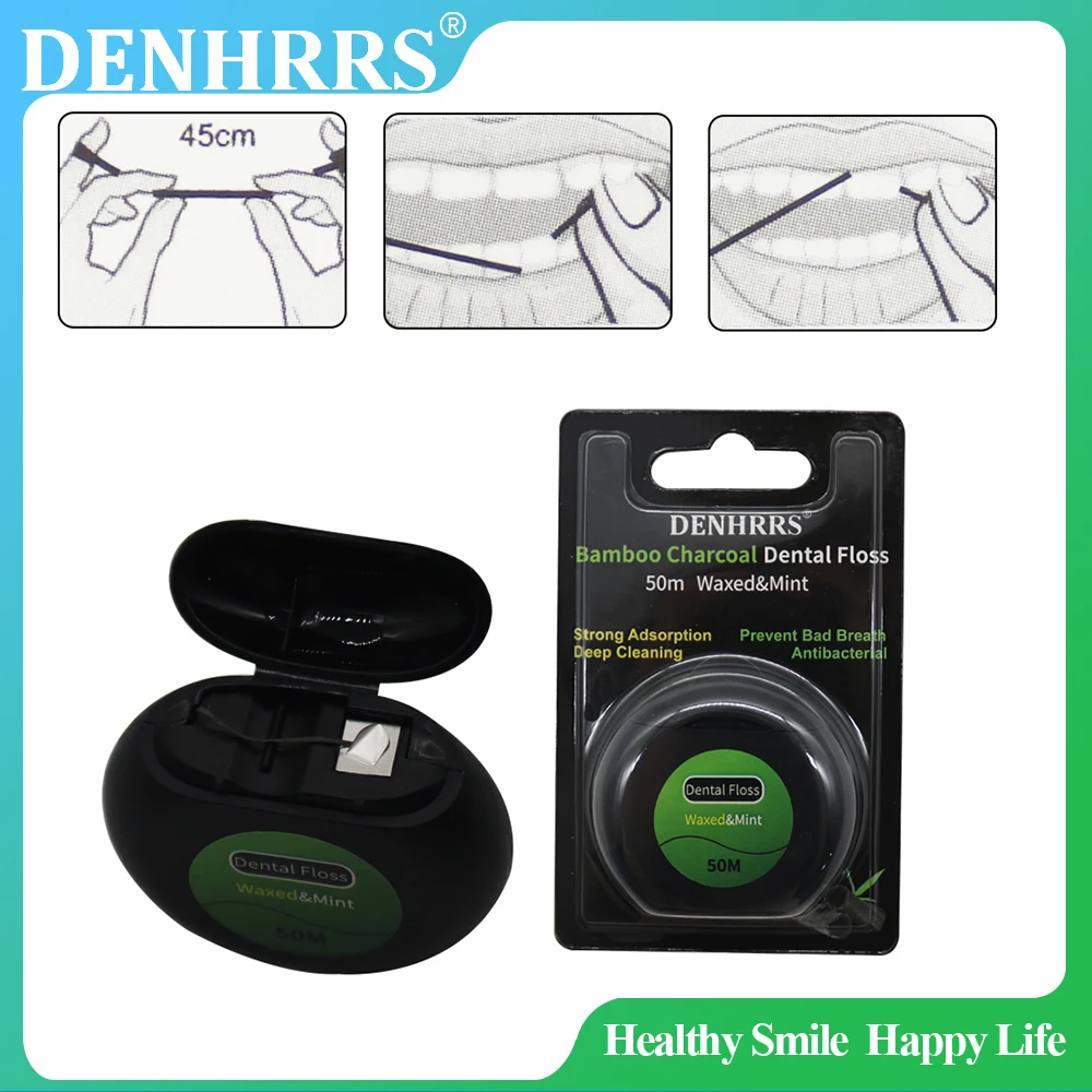 50m Bamboo Charcoal Dental Flosser Waxed&Mint Black Toothpick Mint flavor Teeth Flosser Teeth Stick Tooth Cleaner