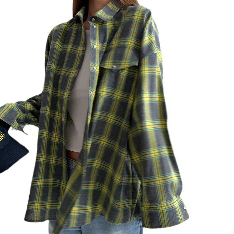 

Women Fashion Plaid Printed Oversized Shirt Casual Loose Lapel Long Sleeved Blouse 2024 Autumn Female Vintage High Streetwear