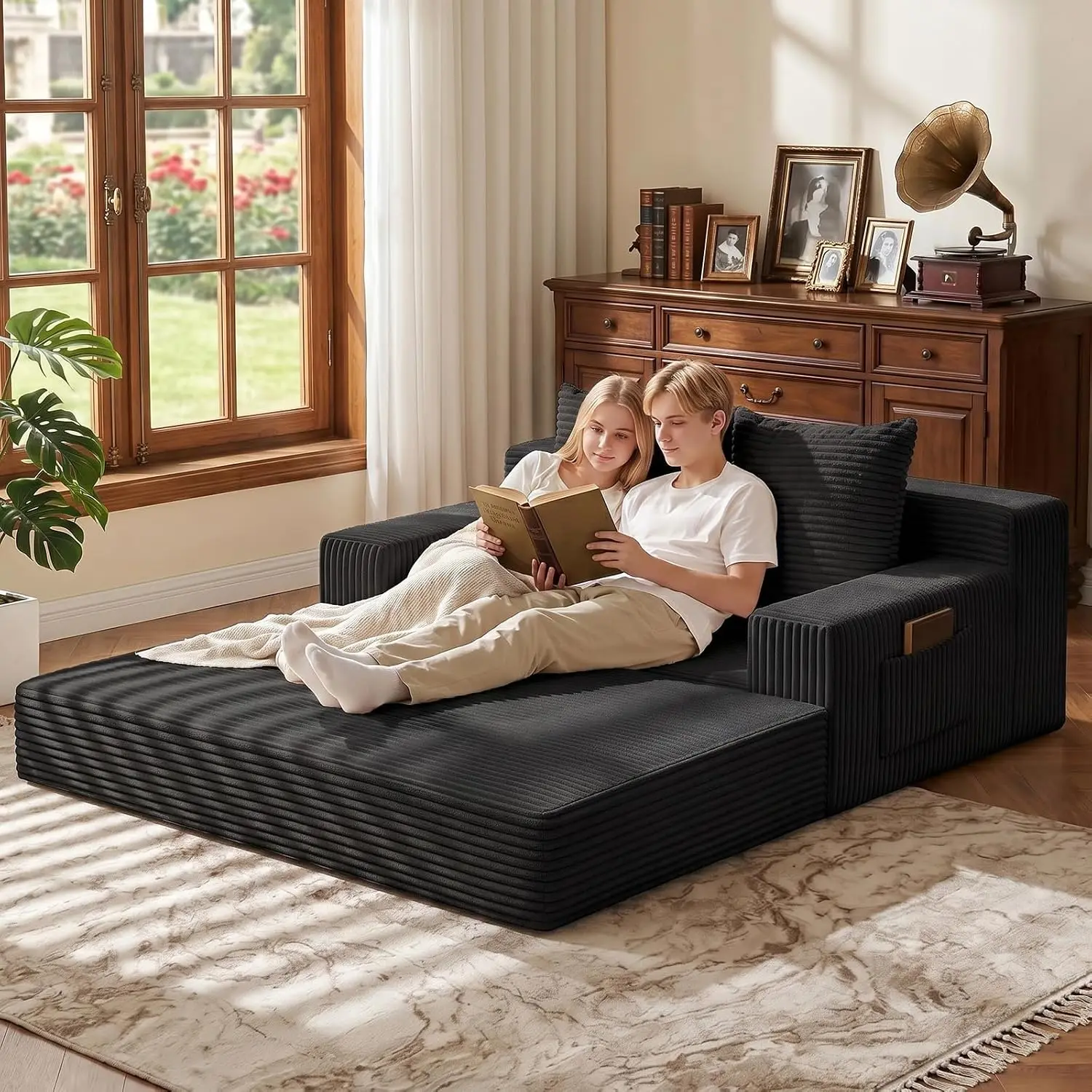 Convertible Corduroy Sofa Bed, Folding Loveseat Couch with 2 Pillows, Boneless Foldable Floor Futon Sleeper Couch, Pull Out Sofa Bed for Living Room and Bedroom