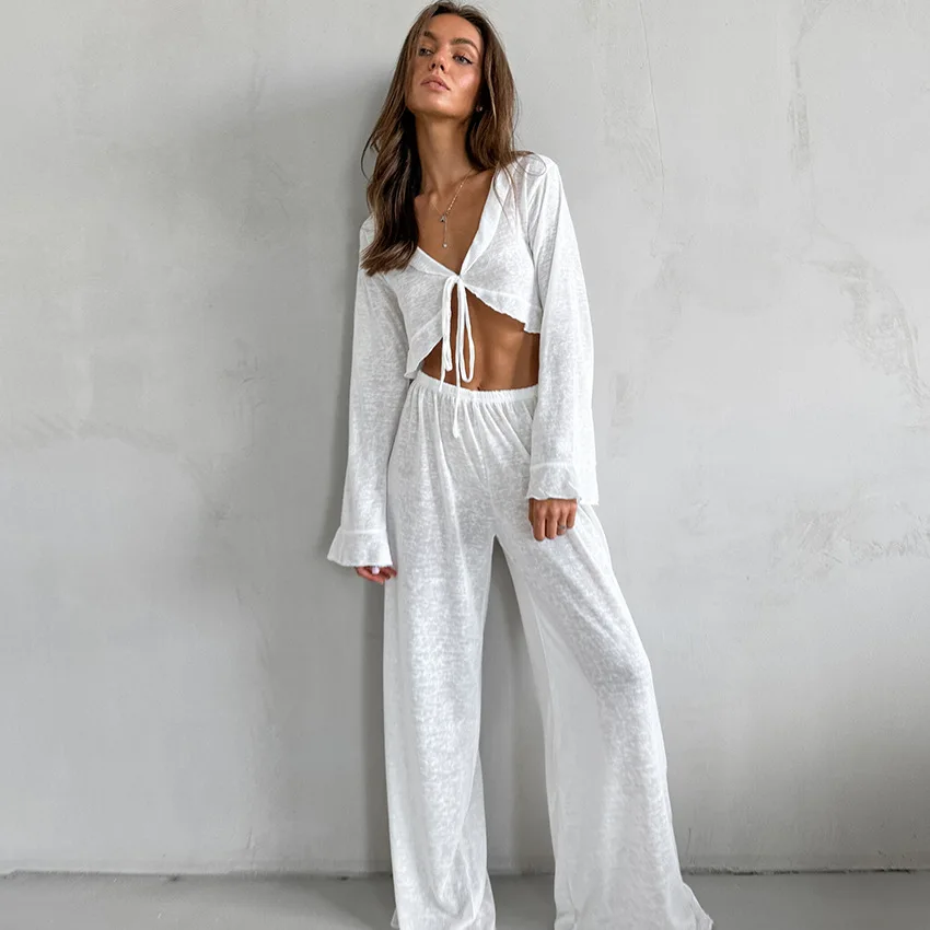 

2024 Autumn New Comfortable Loose White Sleepwear Modal Long Sleeve Trousers Women's Suit Home Clothes Home Wears 2Pcs Nightwear