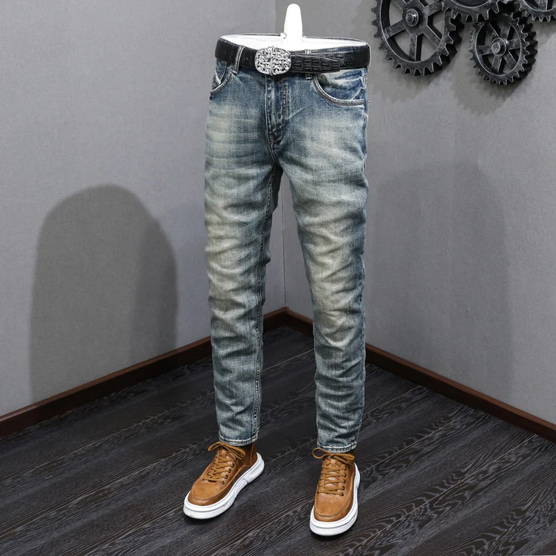 

Italian Style Fashion Men Jeans Retro Blue Stretch Slim Fit Ripped Jeans Men Elastic Trousers Vintage Designer Pants Hombre