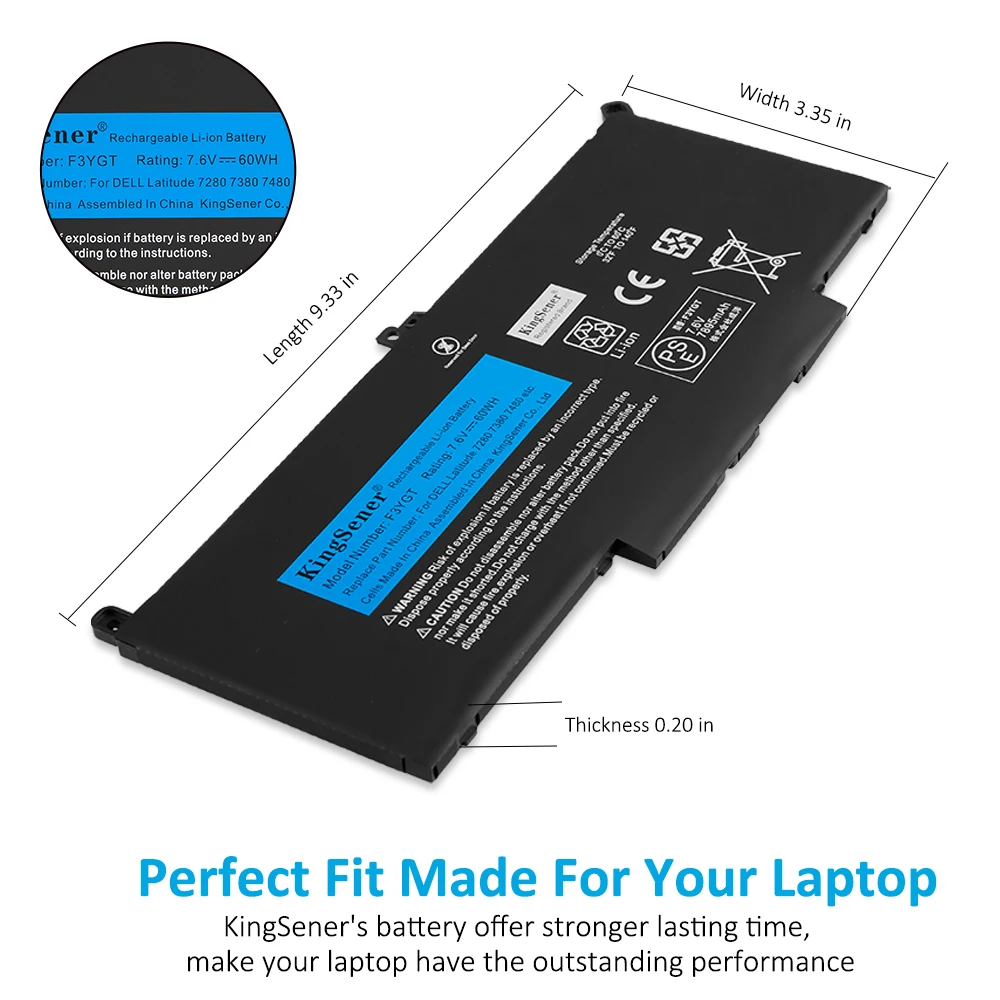 KingSener F3YGT 60WH Laptop Battery for DELL Latitude 12 7000 E7280 E7290 E7380 E7390 E7480 E7490 F3YGT 2X39G DJ1J0