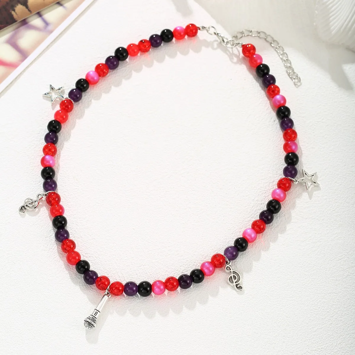 Punk Y2K Guitar/Microphone Beaded Necklace, Star Charm Colorful Stone Choker, Hip Hop Rock Music Jewelry for Women