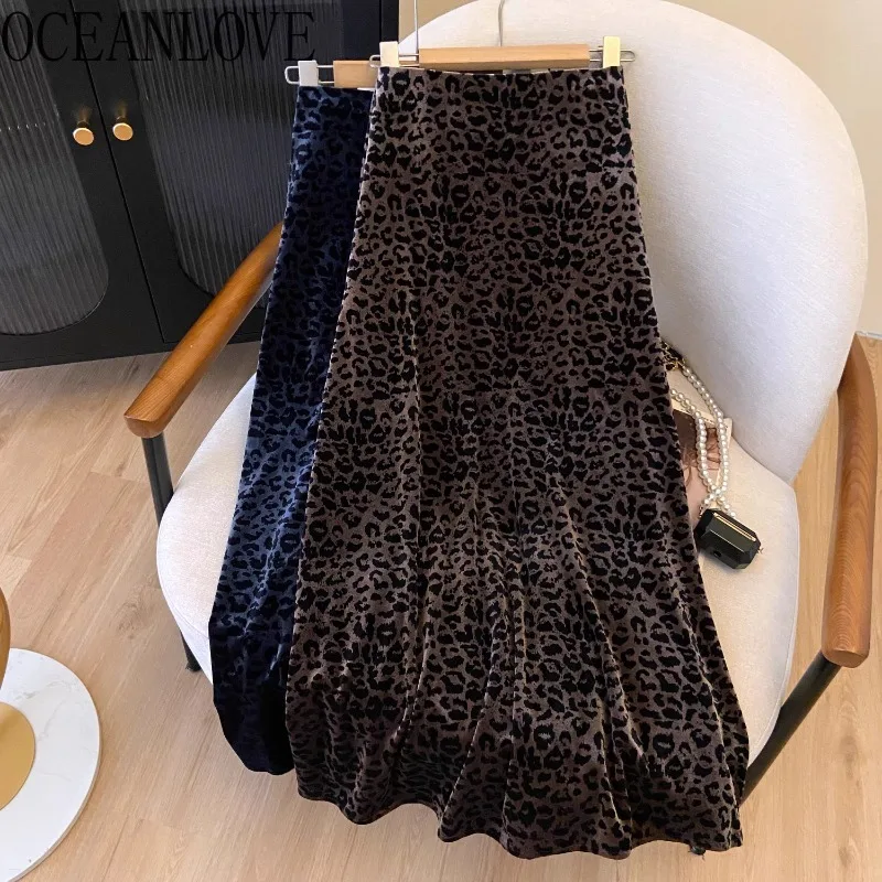 

OCEANLOVE Leopard Women Skirts A-line Elegant Korean Fashion Vintage Faldas Mujer Autumn Winter High Waist Long Skirt